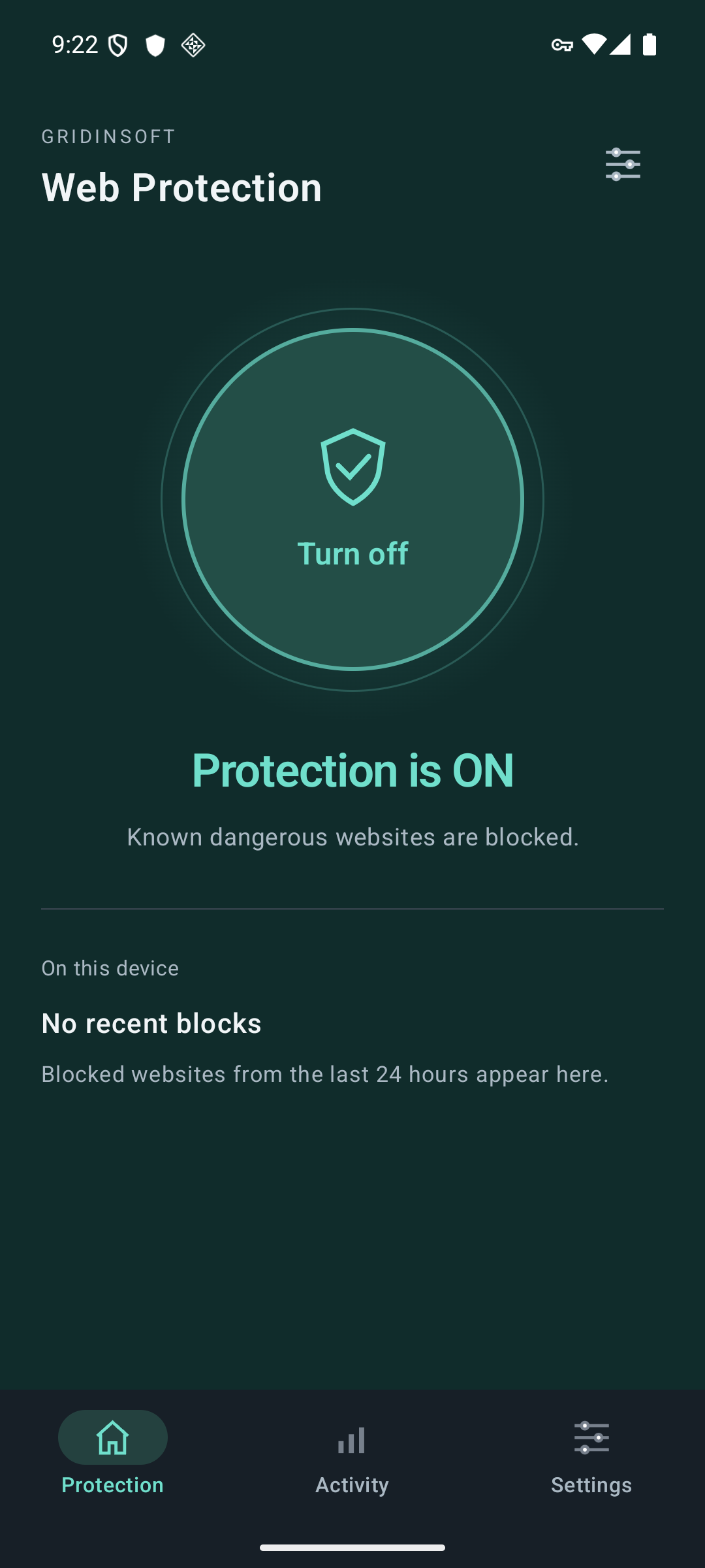 Gridinsoft Web Protection sur Android affichant Protection is ON et un grand bouton Turn off