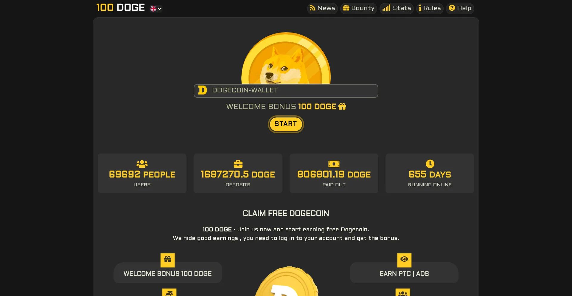 Website screenshot of 100doge.biz