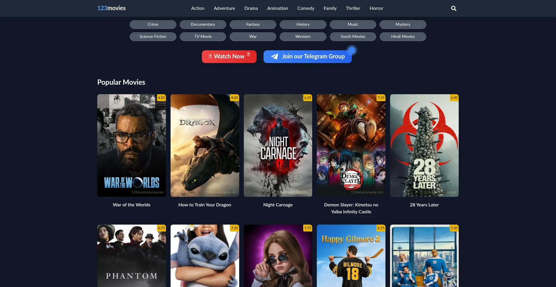 Website screenshot of 123moviesmania.com