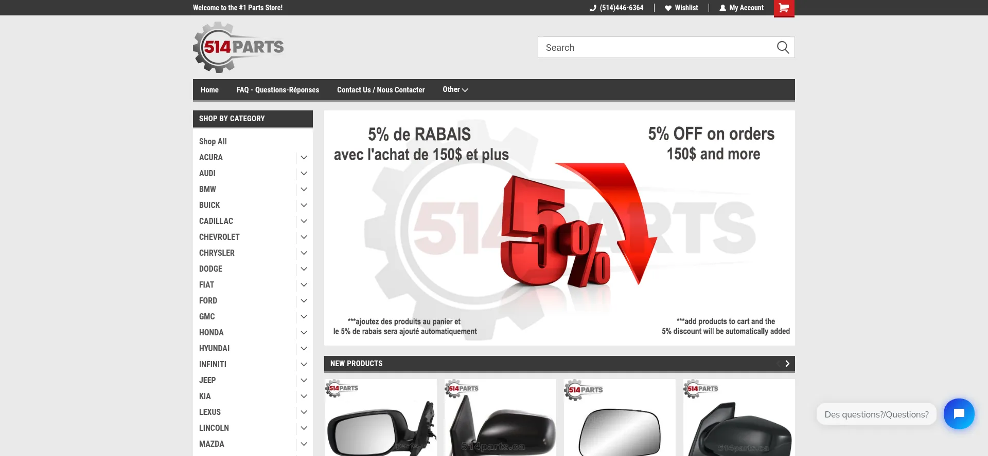 Website screenshot of 514parts.ca