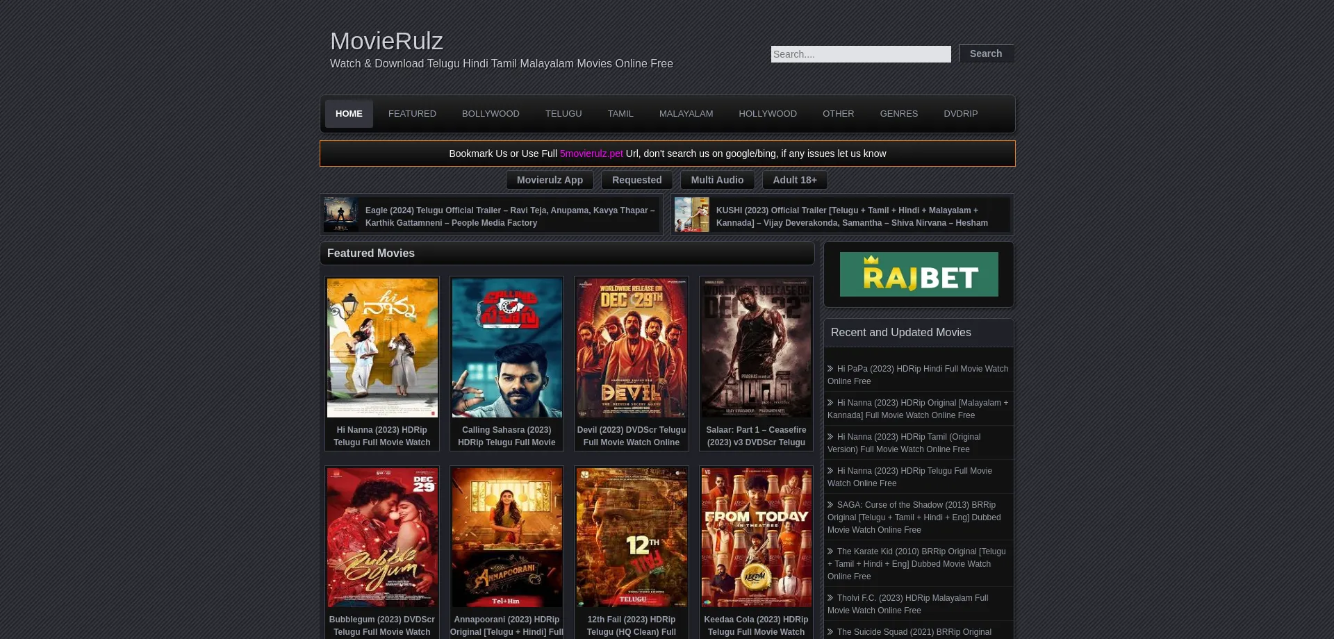 Website screenshot of 5movierulz.pet
