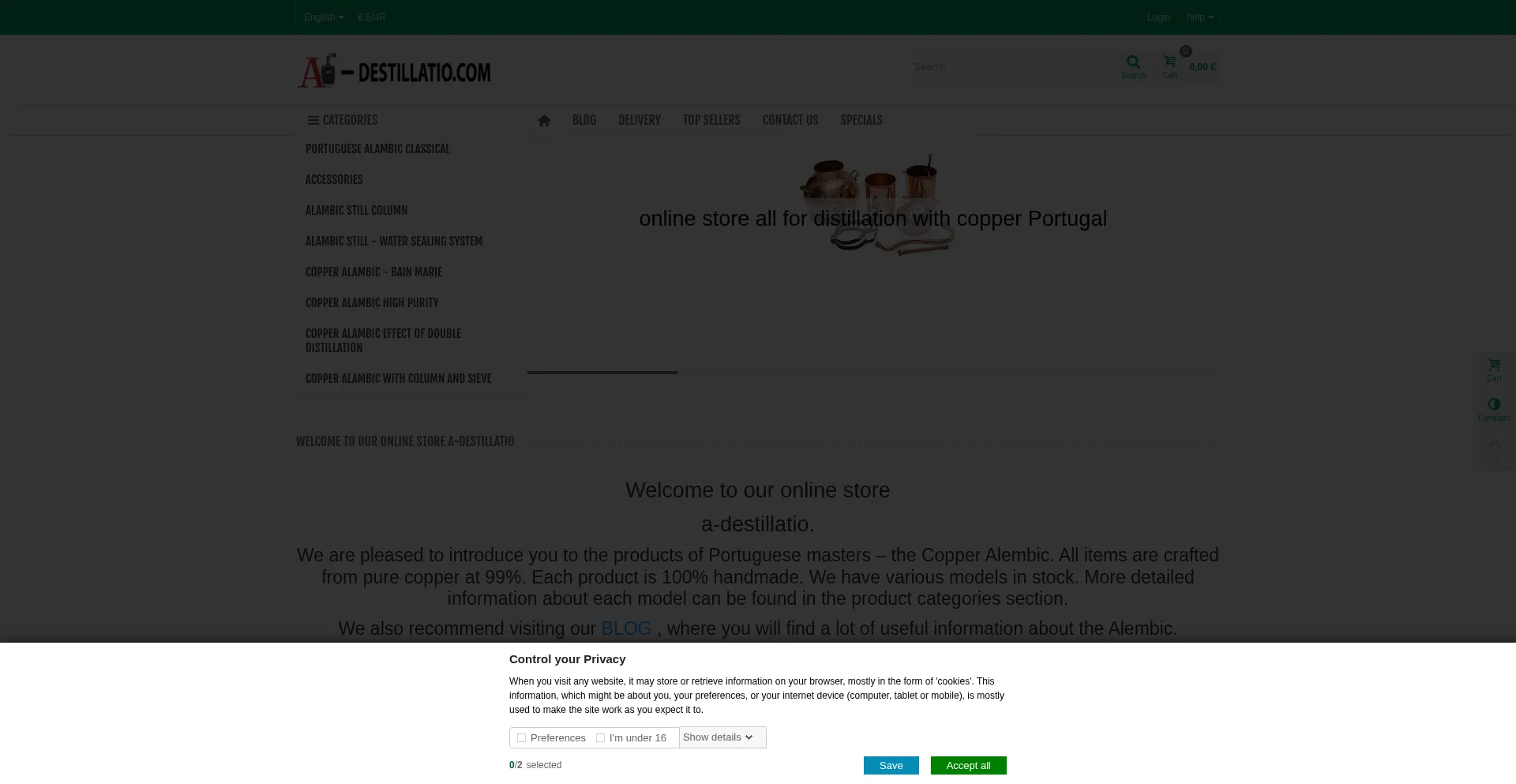 Website screenshot of A-destillatio.com