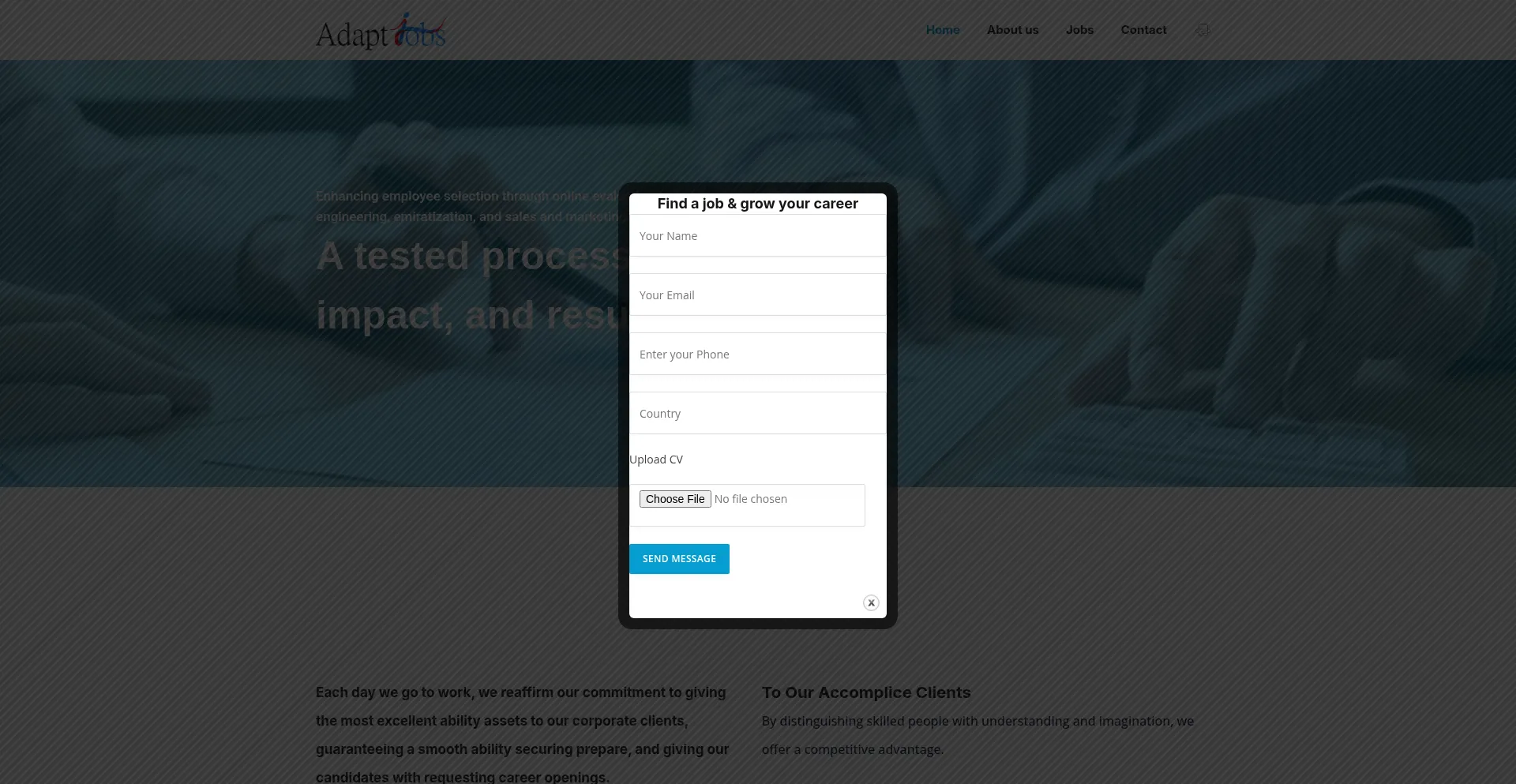 Website screenshot of Adaptjobs.org
