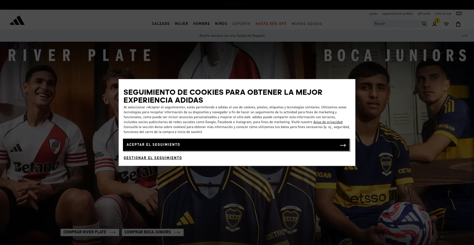 Website screenshot of Adidas.com.ar