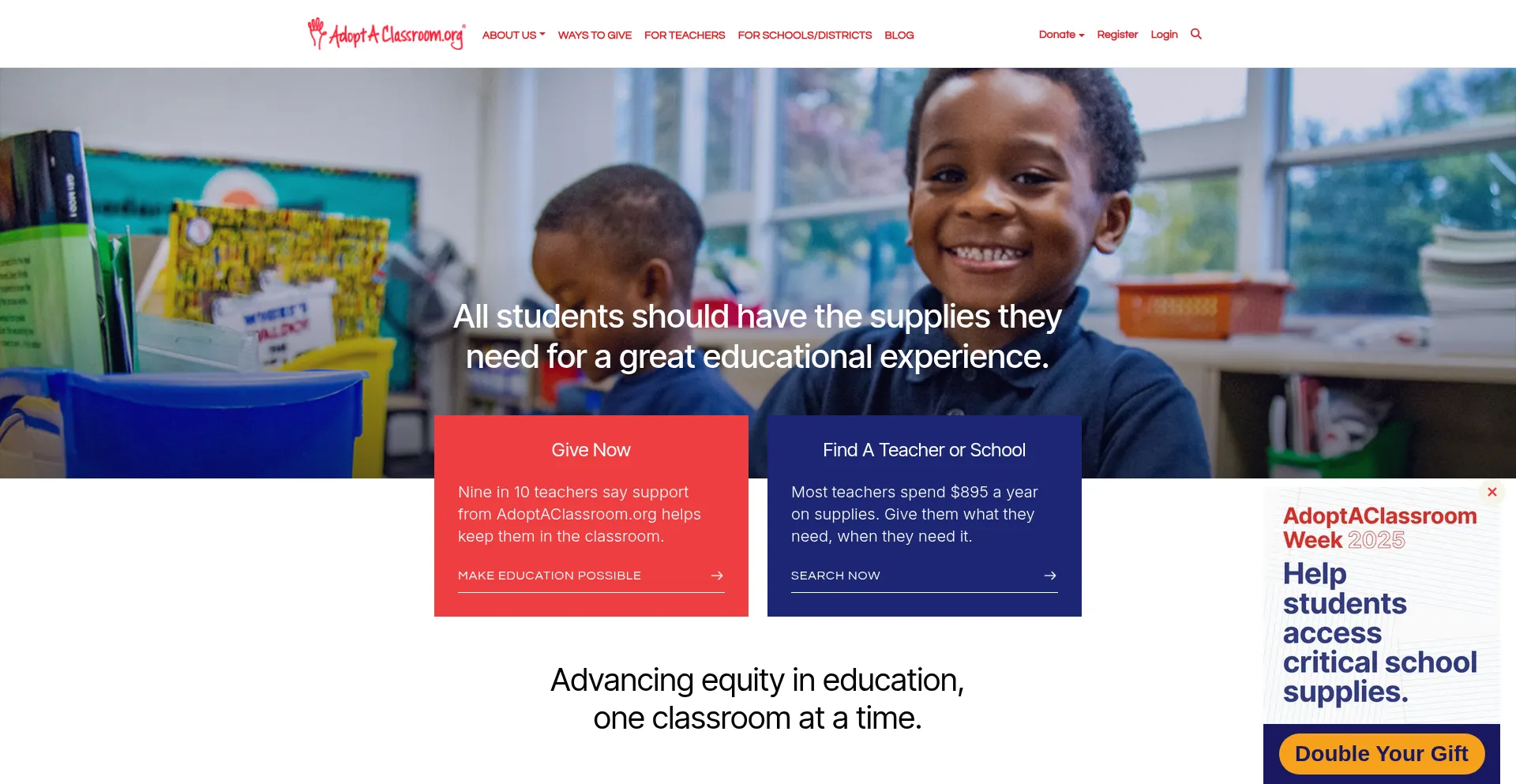 Website screenshot of Adoptaclassroom.org