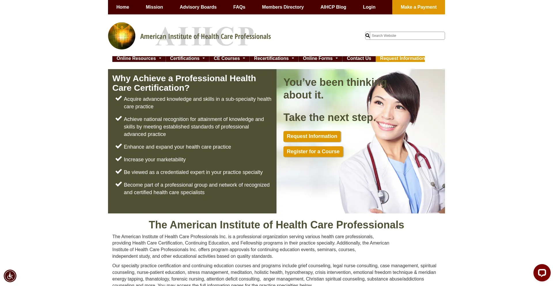 Website screenshot of Aihcp.net
