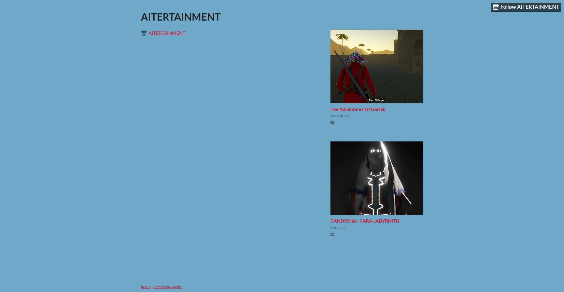 Website screenshot of Aitertainment.itch.io