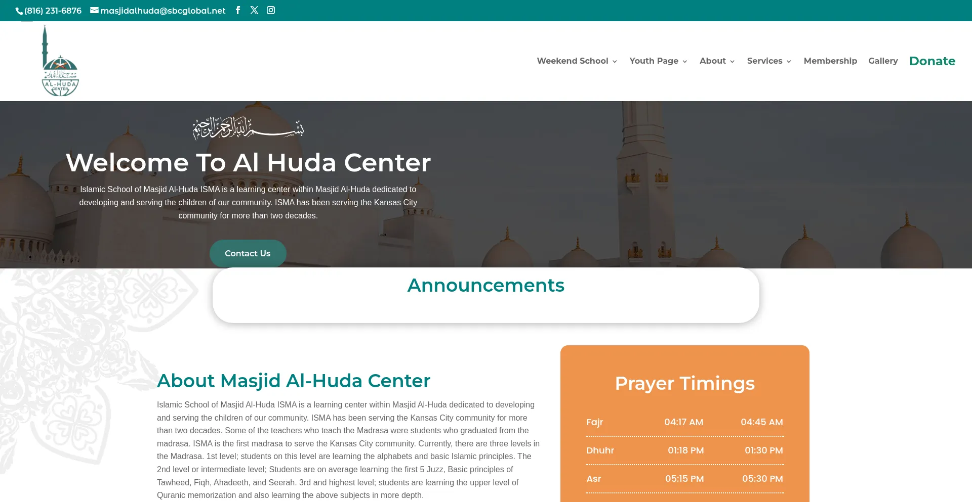 Website screenshot of Alhudakc.org