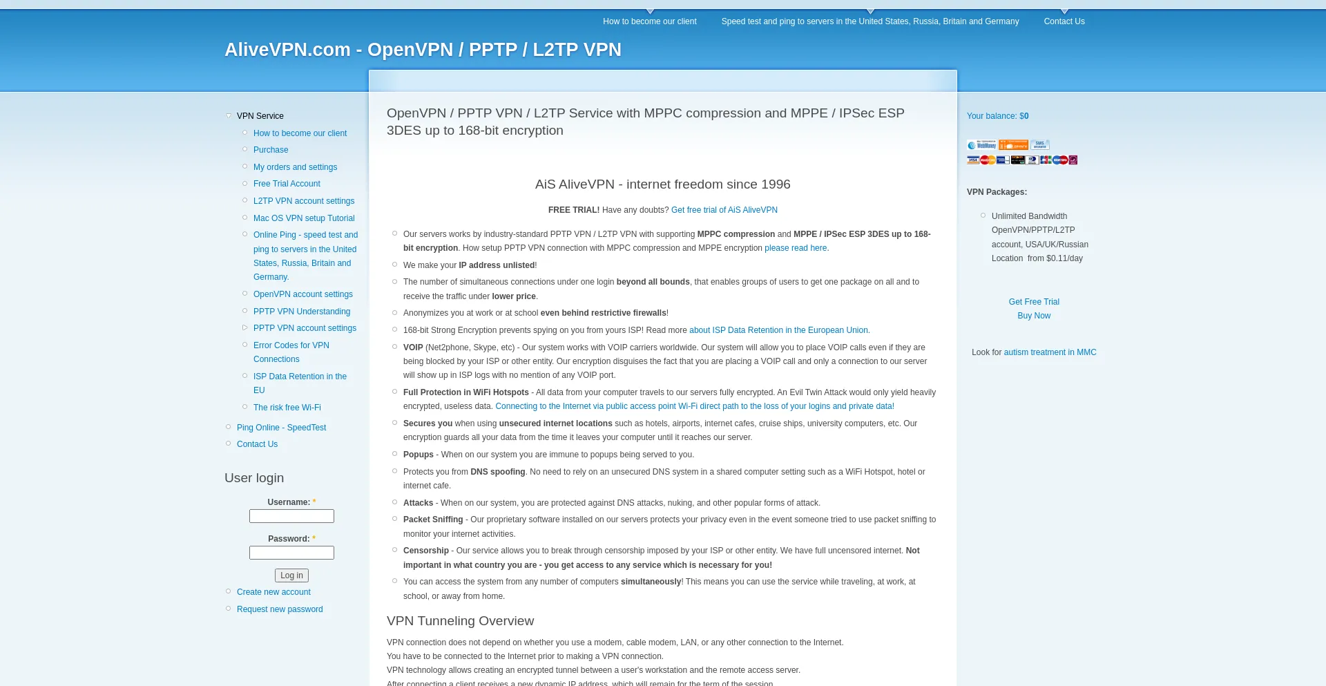 Website screenshot of Alivevpn.com
