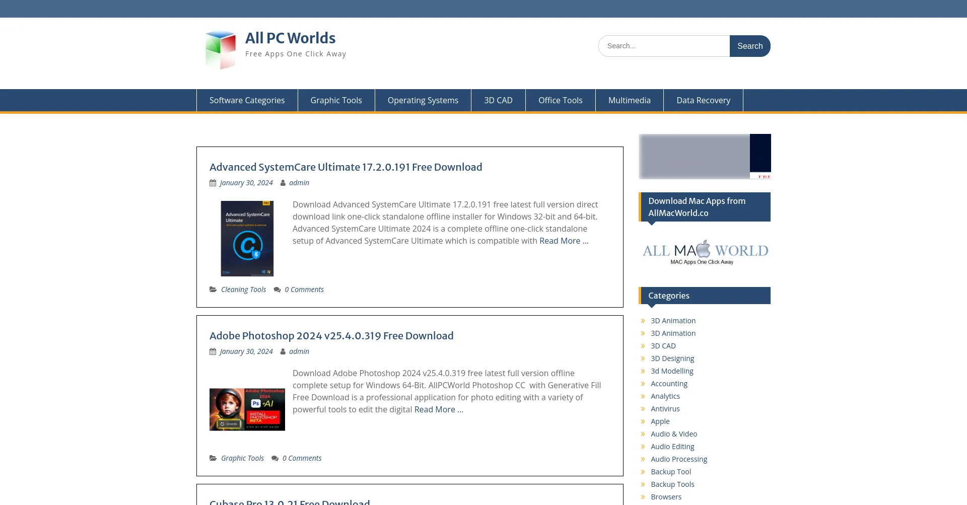 Website screenshot of Allpcworlds.com