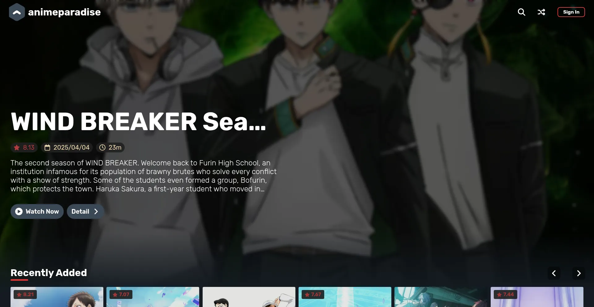 Website screenshot of Animeparadise.moe