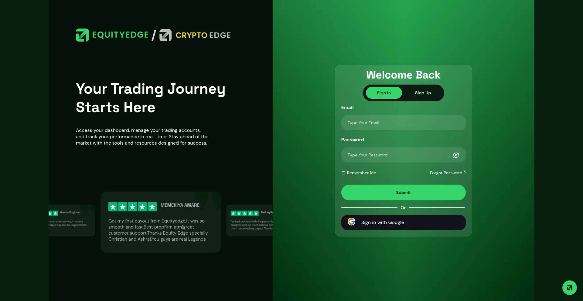 Website screenshot of App.equityedge.io