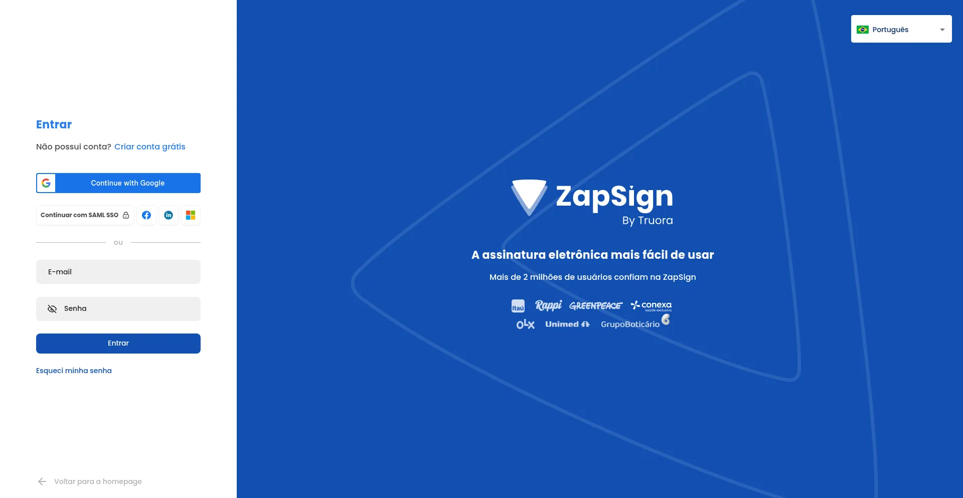 Website screenshot of App.zapsign.com.br