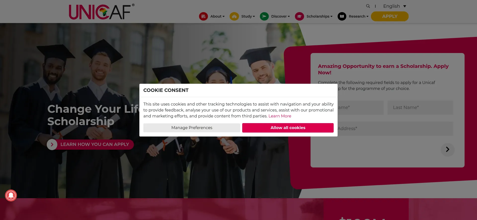 Website screenshot of Apply.unicaf.org