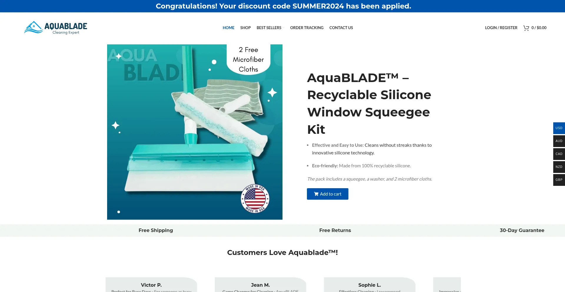 Website screenshot of Aquablade.store