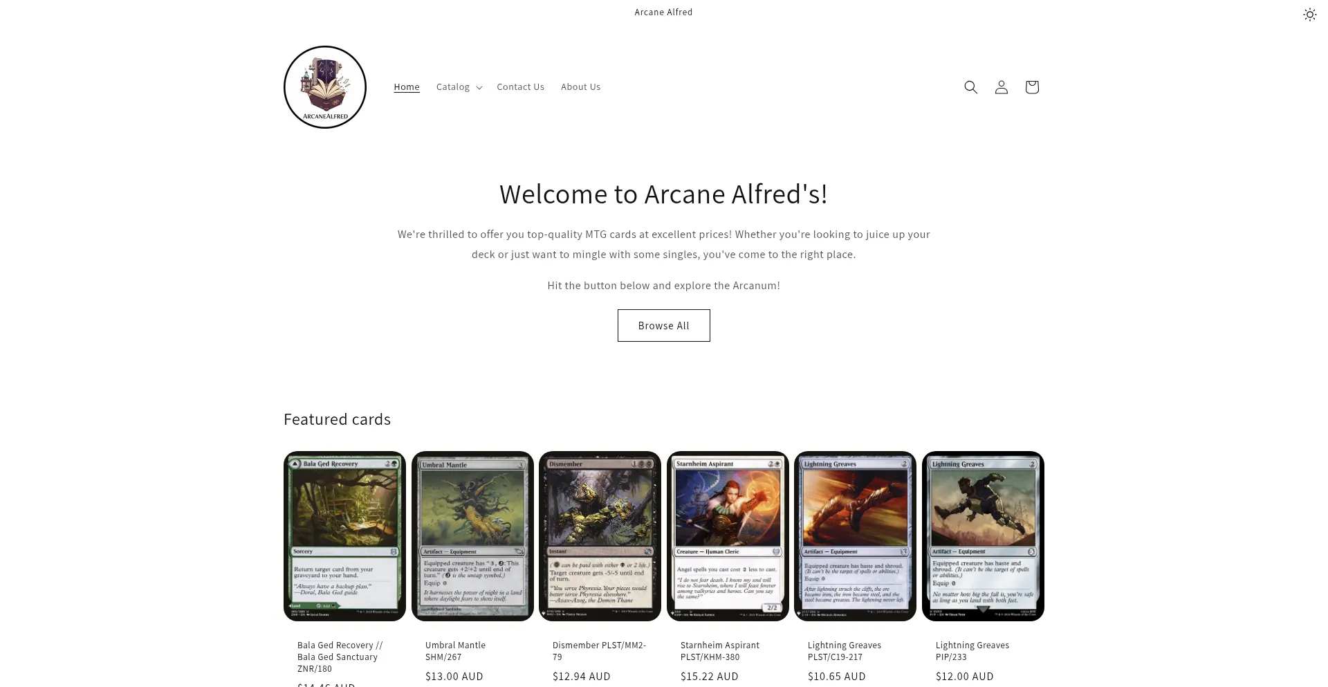 Website screenshot of Arcanealfred.com