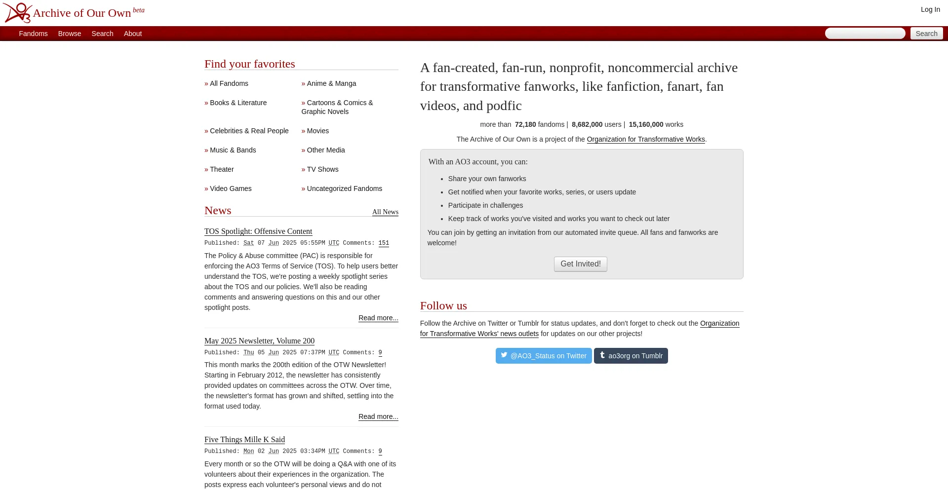Website screenshot of Archiveofourown.org