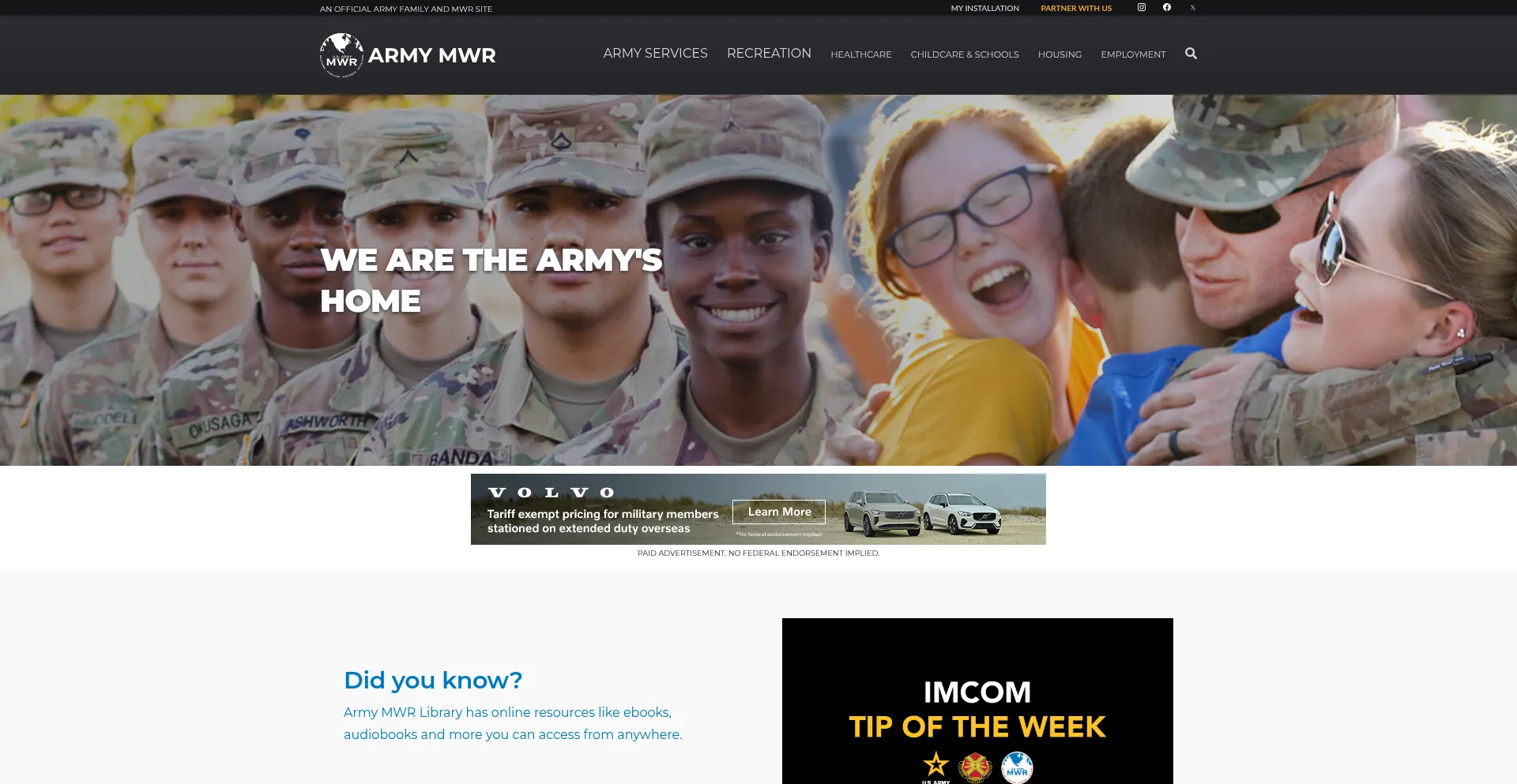 Website screenshot of Armymwr.com