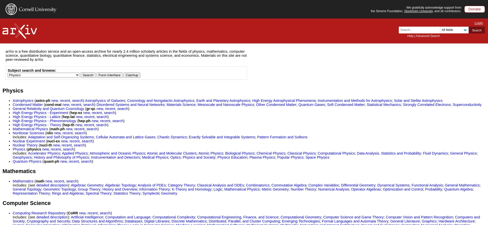 Website screenshot of Arxiv.org