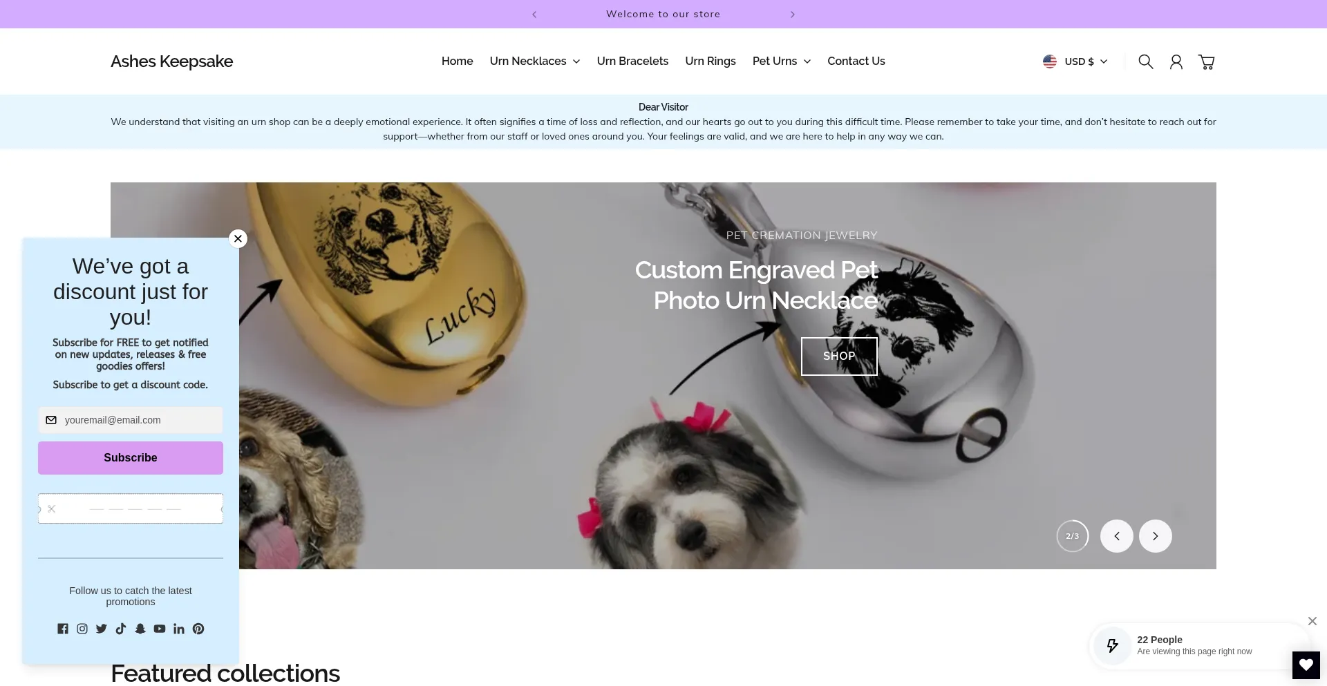 Website screenshot of Asheskeepsake.com