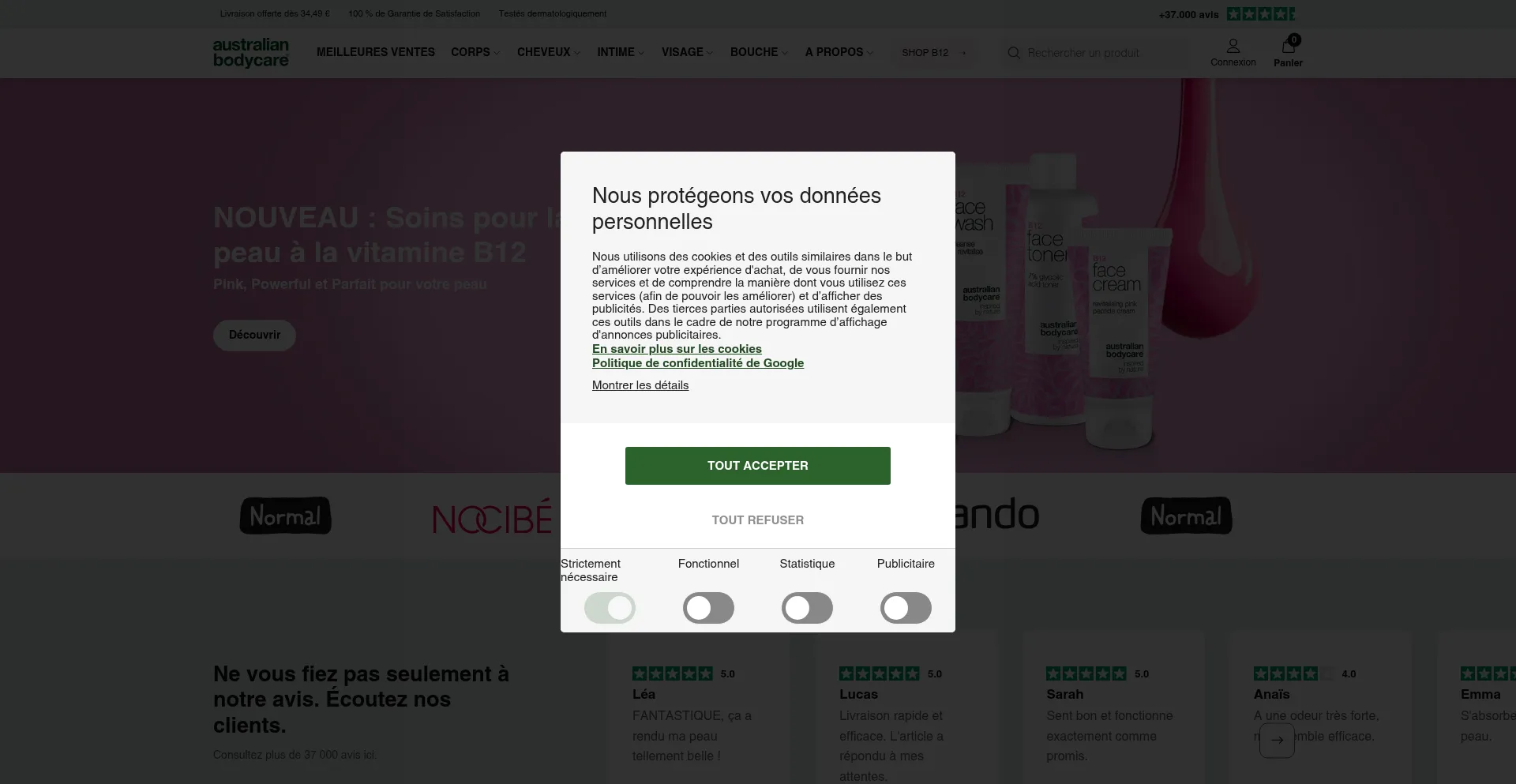 Website screenshot of Australian-bodycare.fr