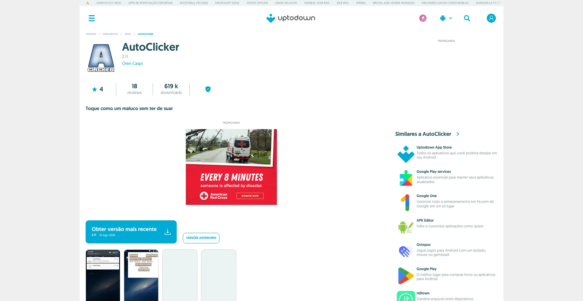 Website screenshot of Autoclicker.br.uptodown.com