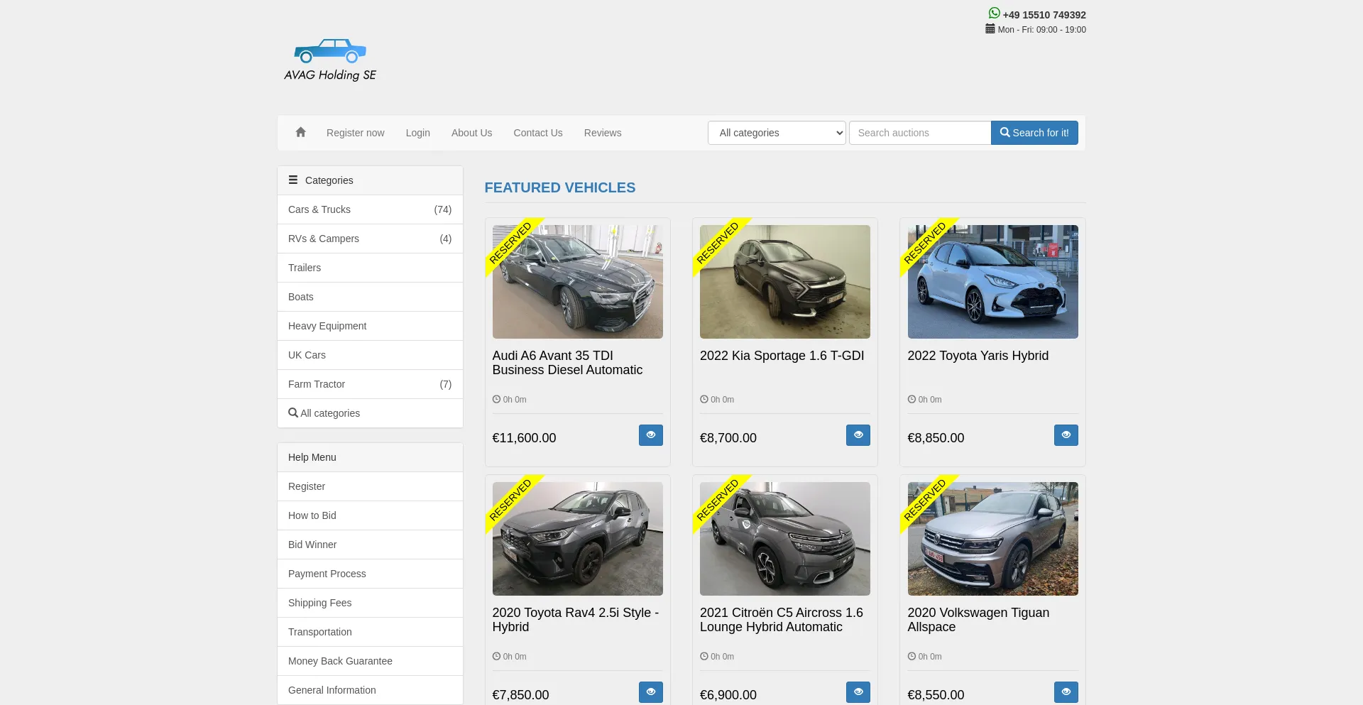 Website screenshot of Avag-auctions.com