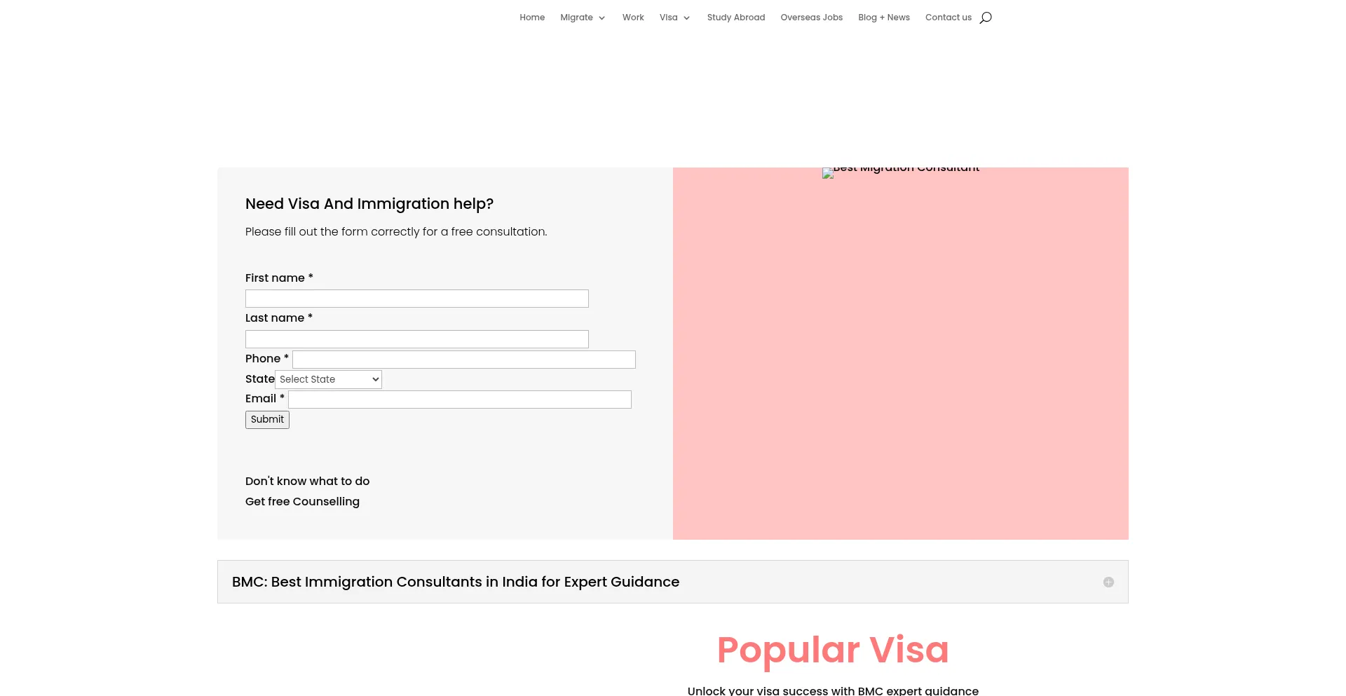 Website screenshot of Bestmigrationconsultant.com