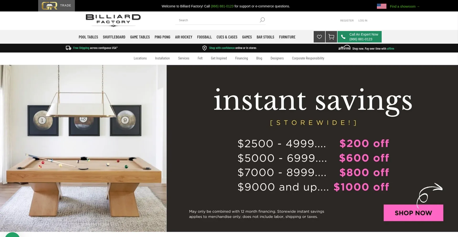 Website screenshot of Billiardfactory.com