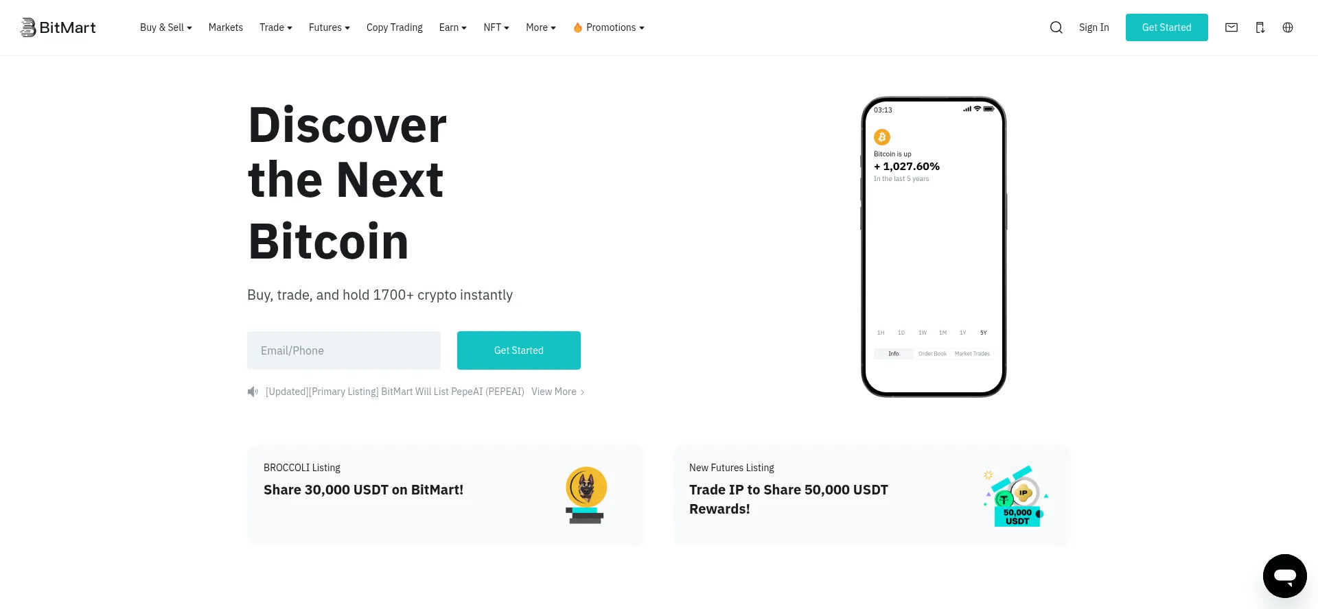 Website screenshot of Bitmart.com