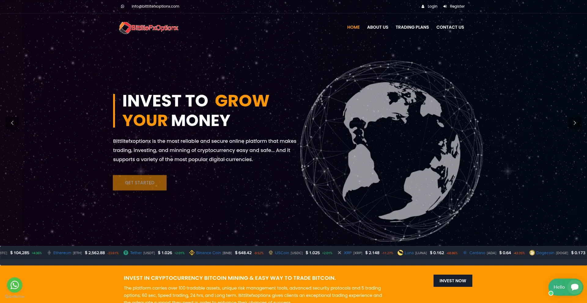 Website screenshot of Bittlitefxoptionx.com