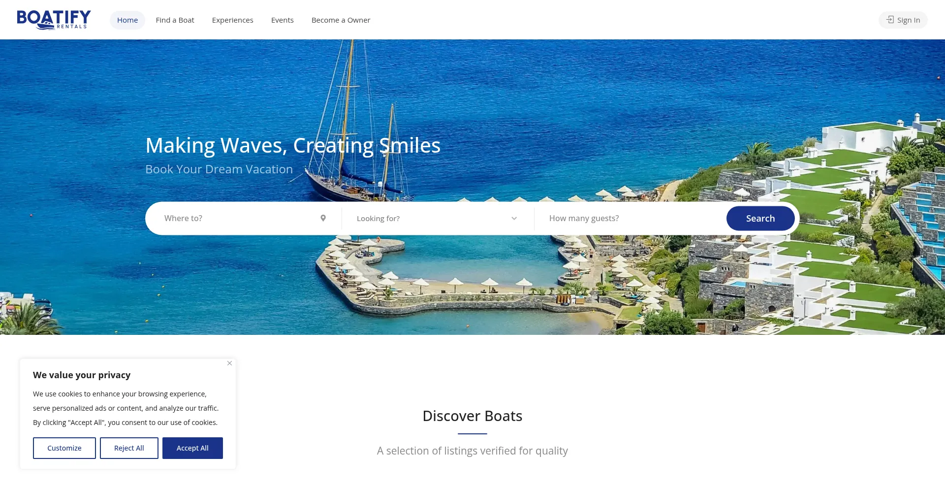 Website screenshot of Boatifyrentals.com