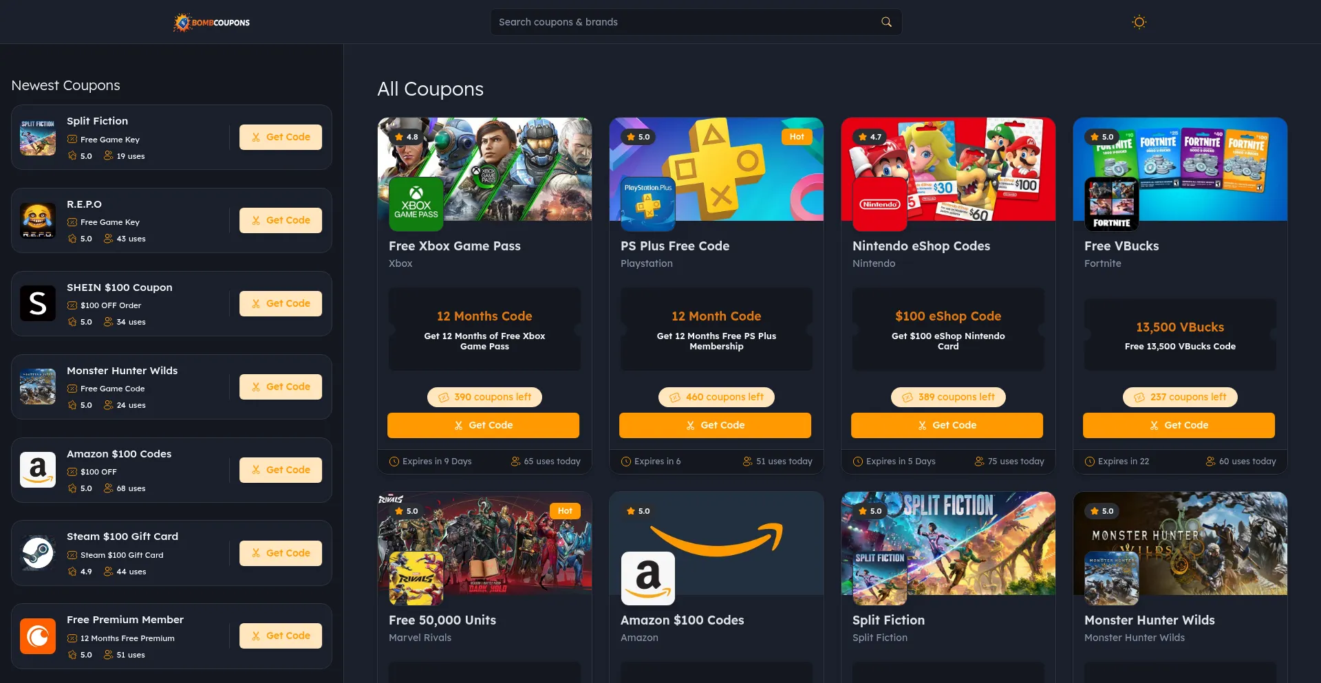 Website screenshot of Bombcoupons.com