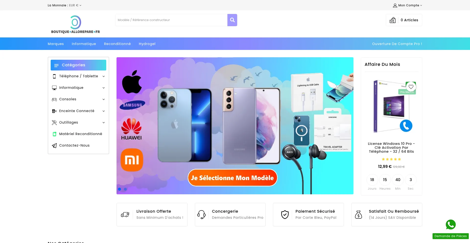 Website screenshot of Boutique.allorepare.fr