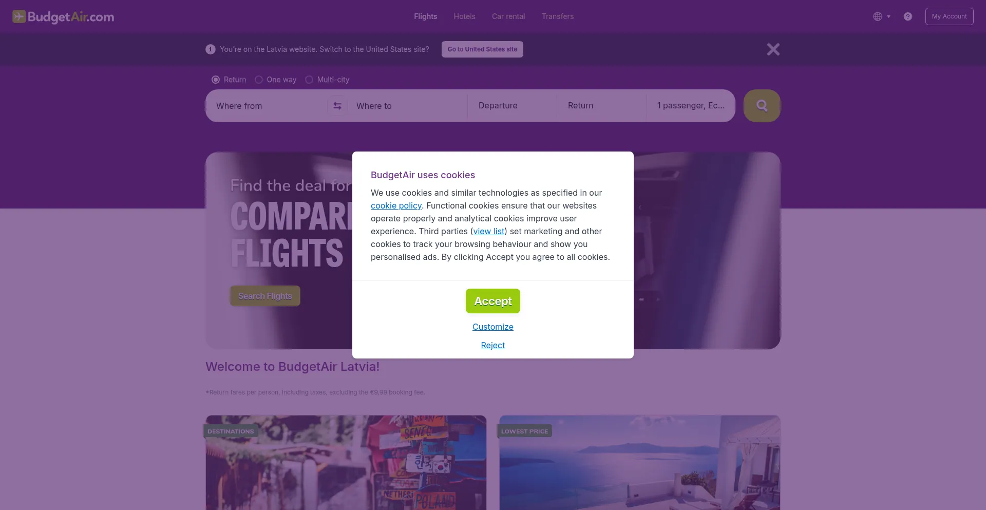 Website screenshot of Budgetair.lv