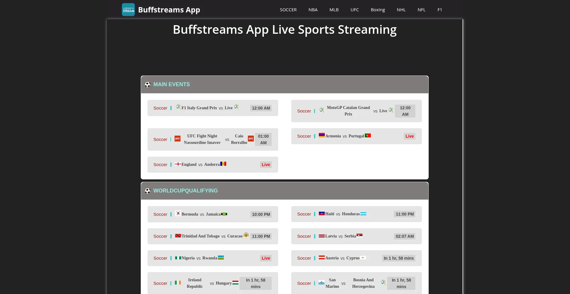 Website screenshot of Buffstreamsapp.com