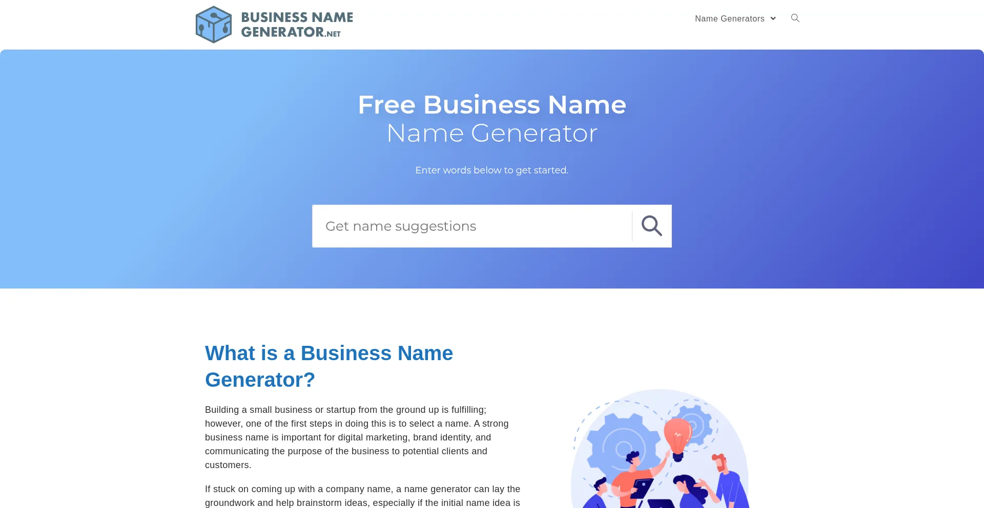 Website screenshot of Businessnamegenerator.net