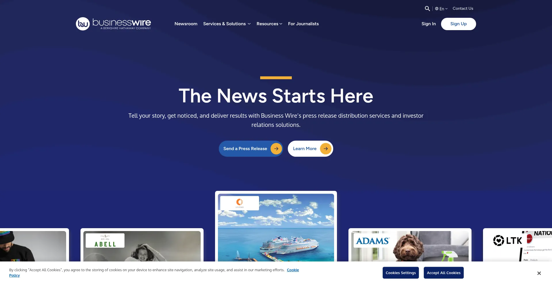 Website screenshot of Businesswire.com