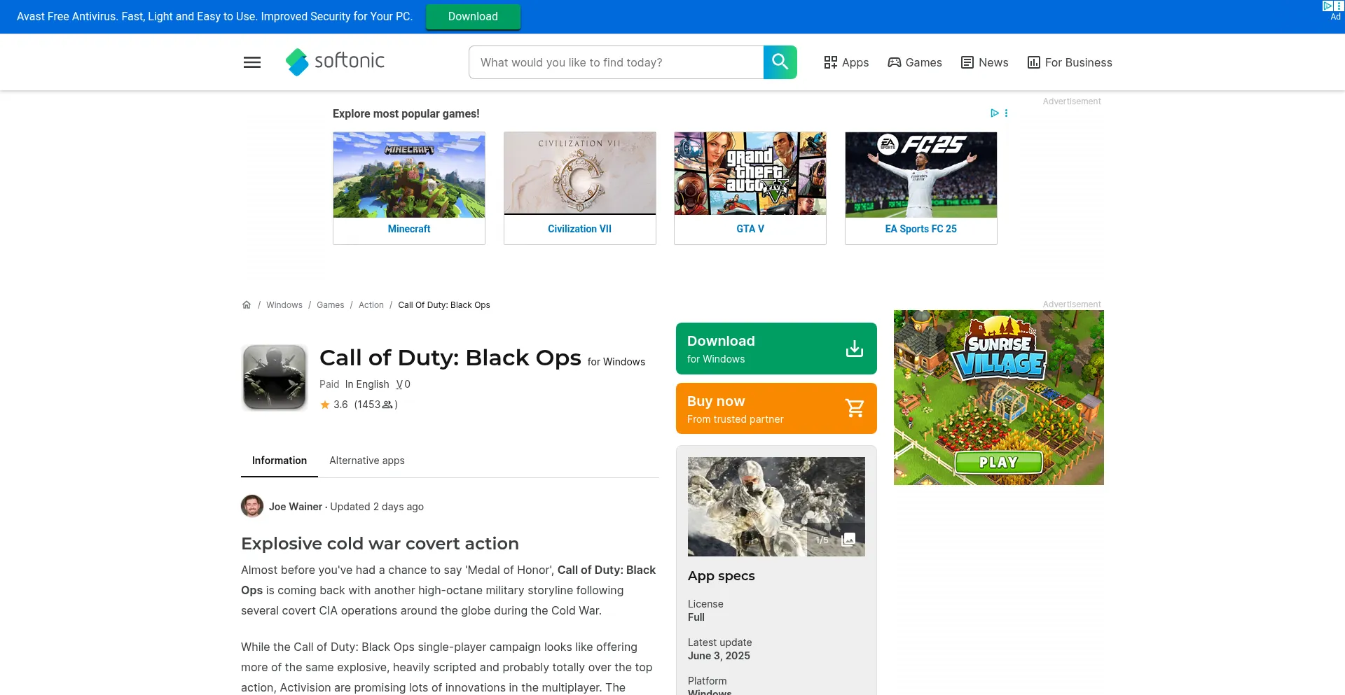 Website screenshot of Call-of-duty-black-ops.en.softonic.com