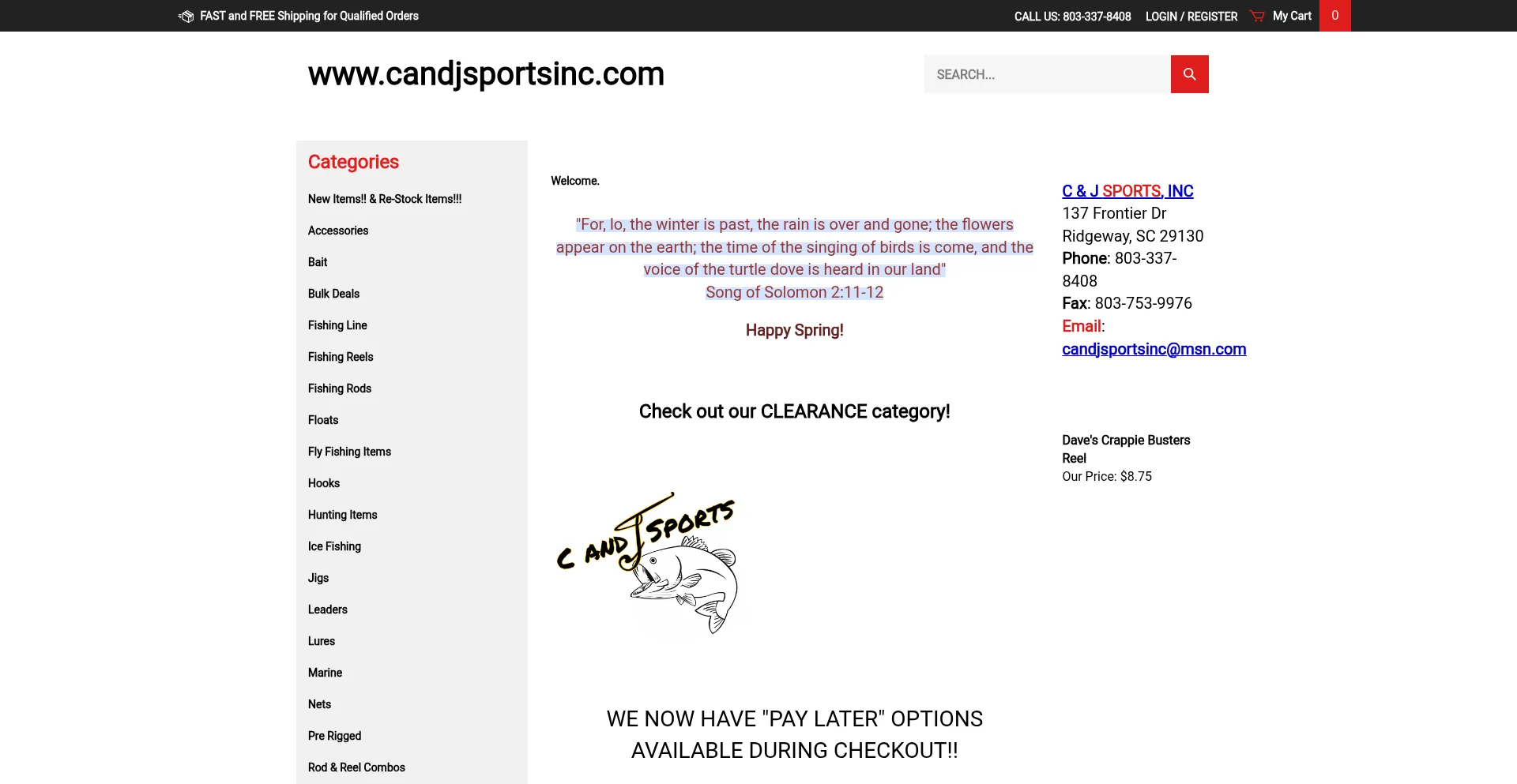 Website screenshot of Candjsportsinc.com