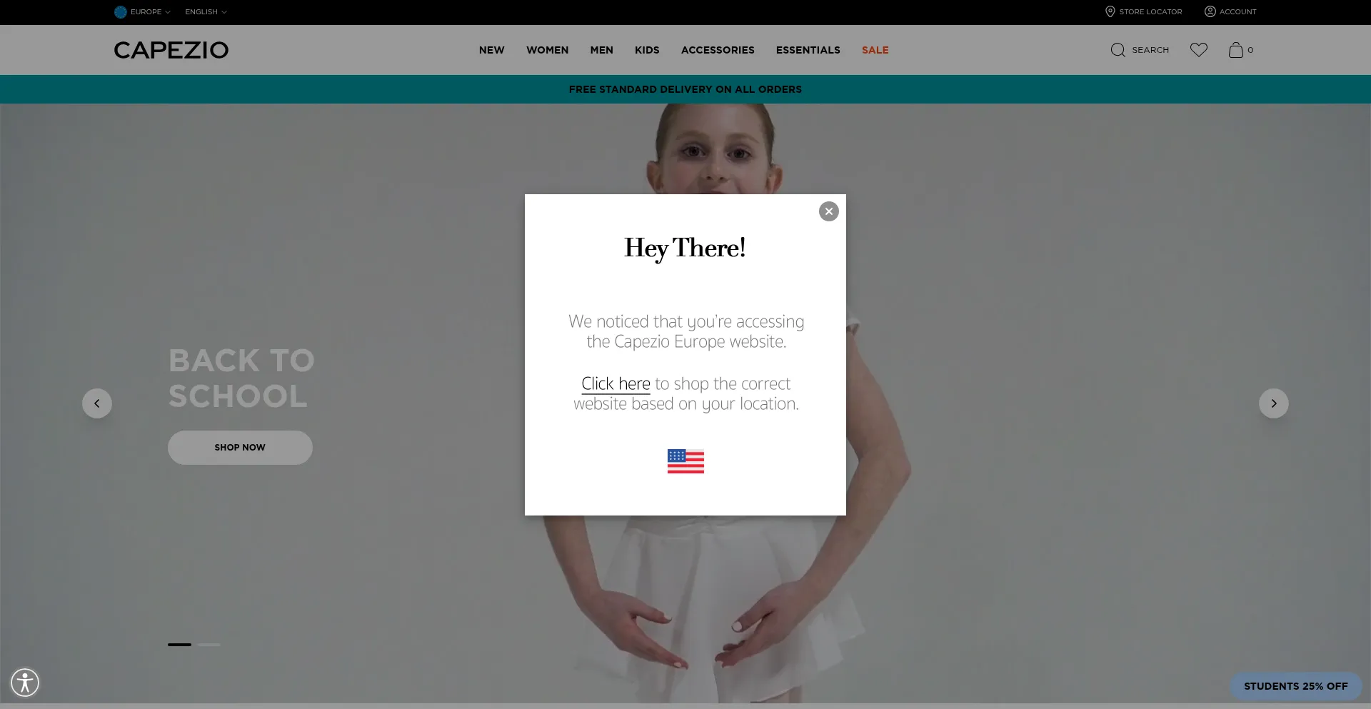 Website screenshot of Capezio.eu