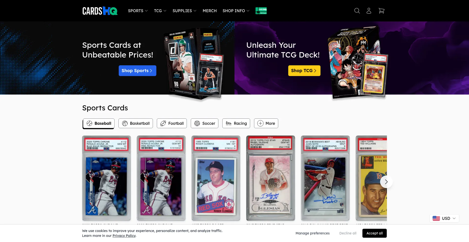 Website screenshot of Cardshq.com