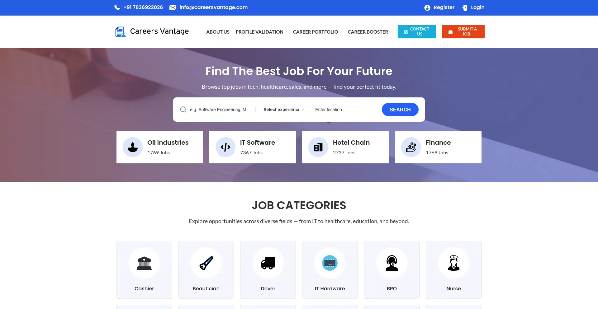 Website screenshot of Careersvantage.com