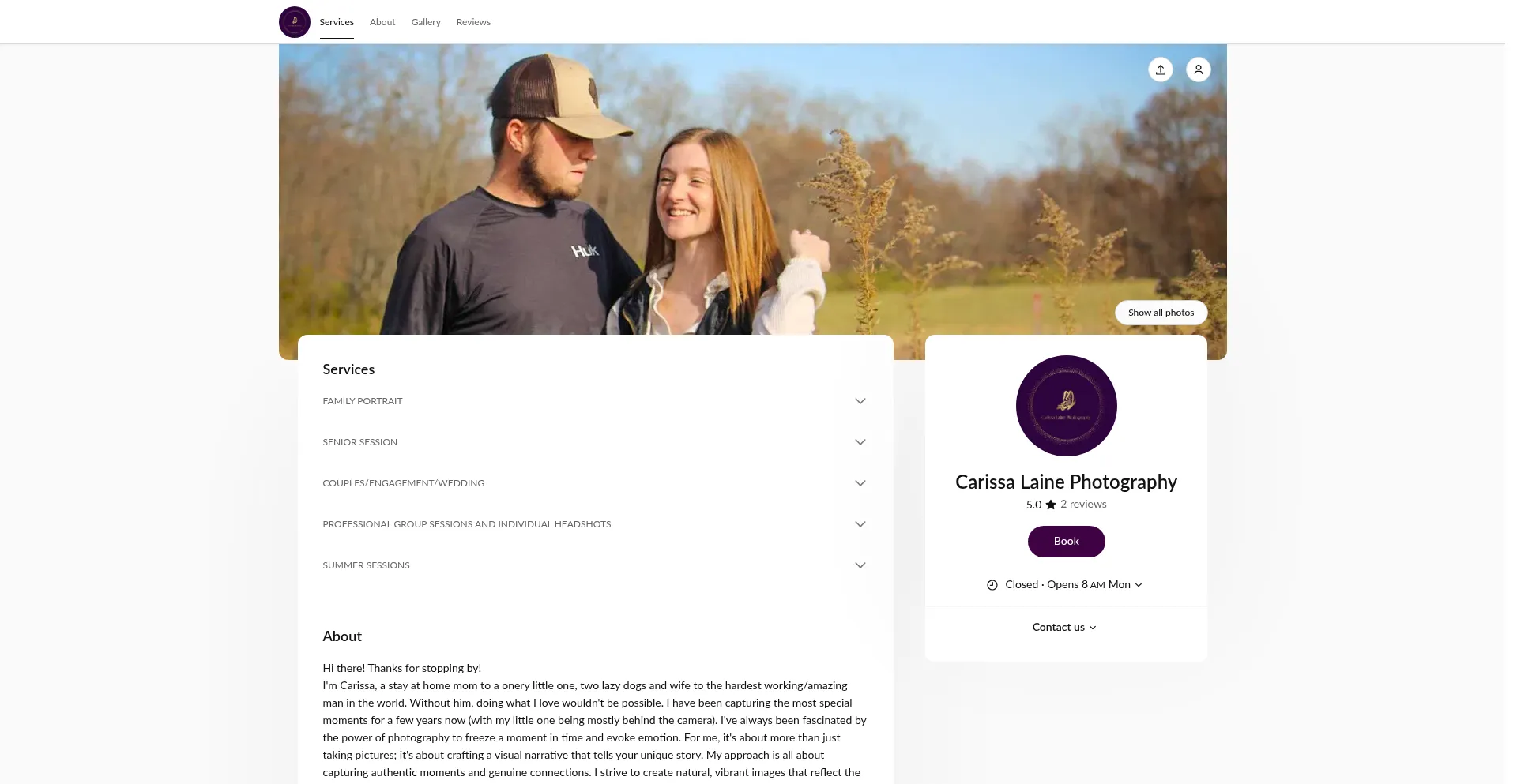 Website screenshot of Carissalainephotography.setmore.com