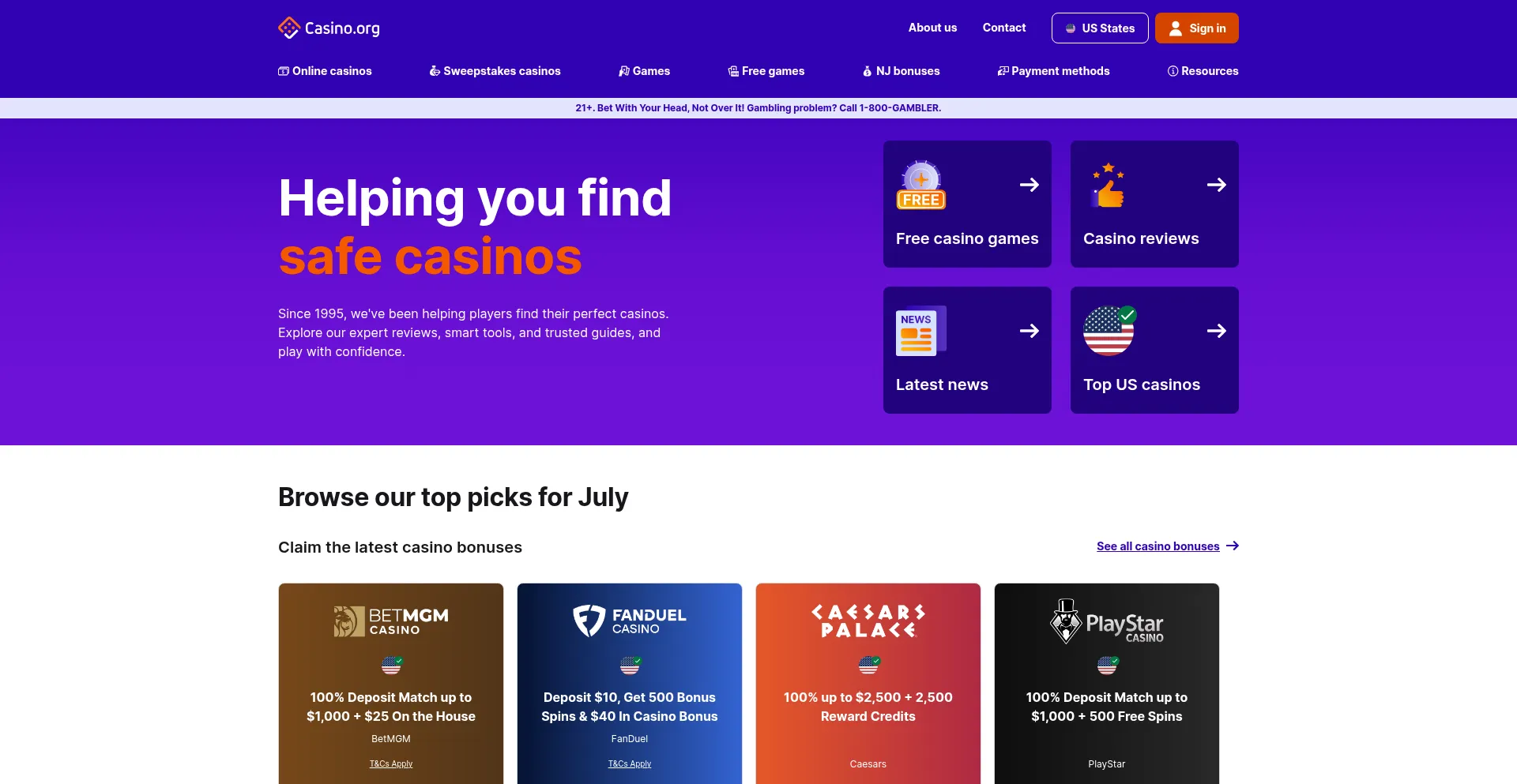 Website screenshot of Casino.org