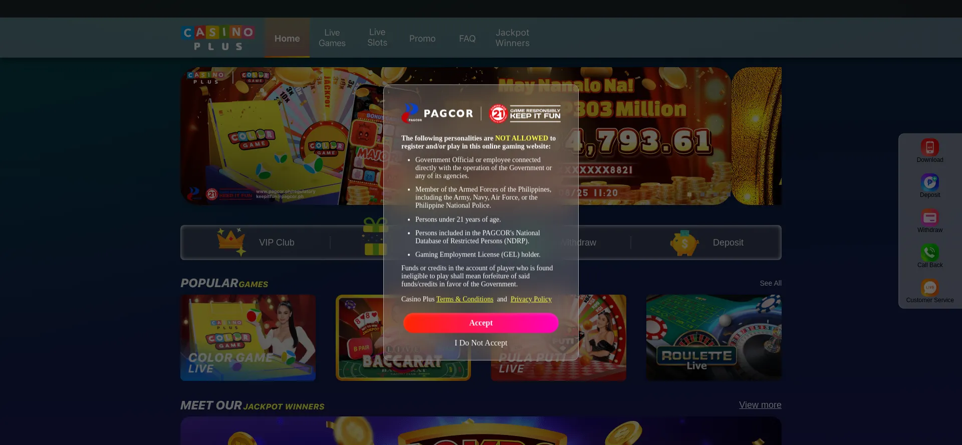 Website screenshot of Casinoplus.com.ph