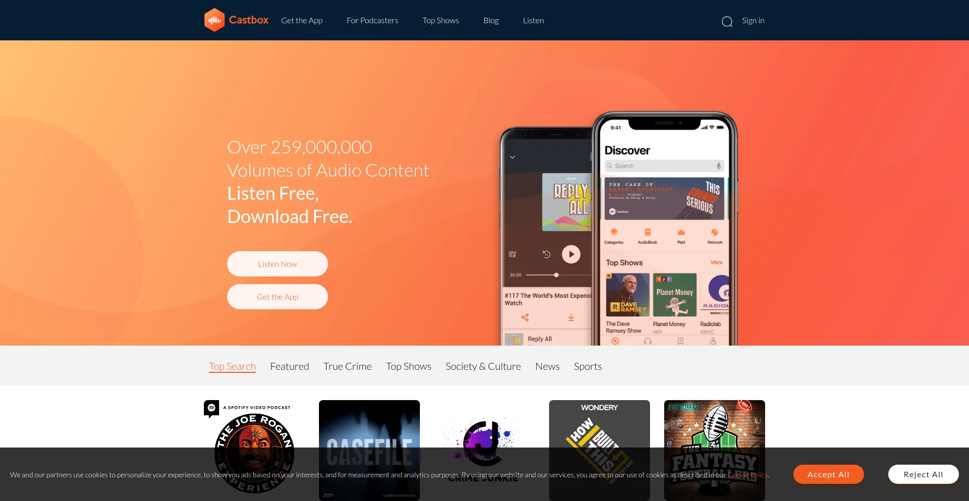 Website screenshot of Castbox.fm