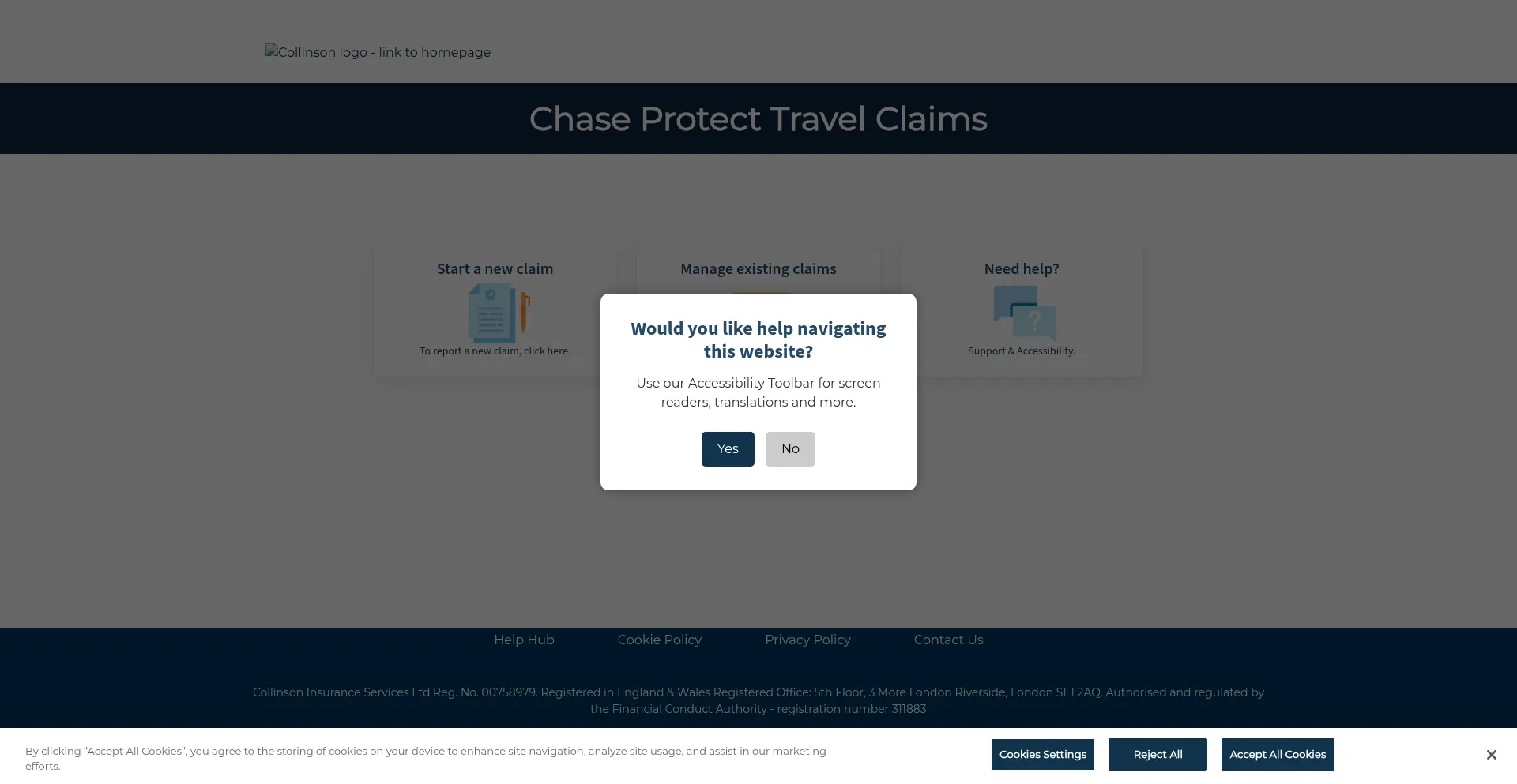 Website screenshot of Chaseprotectclaims.collinsoninsurance.com
