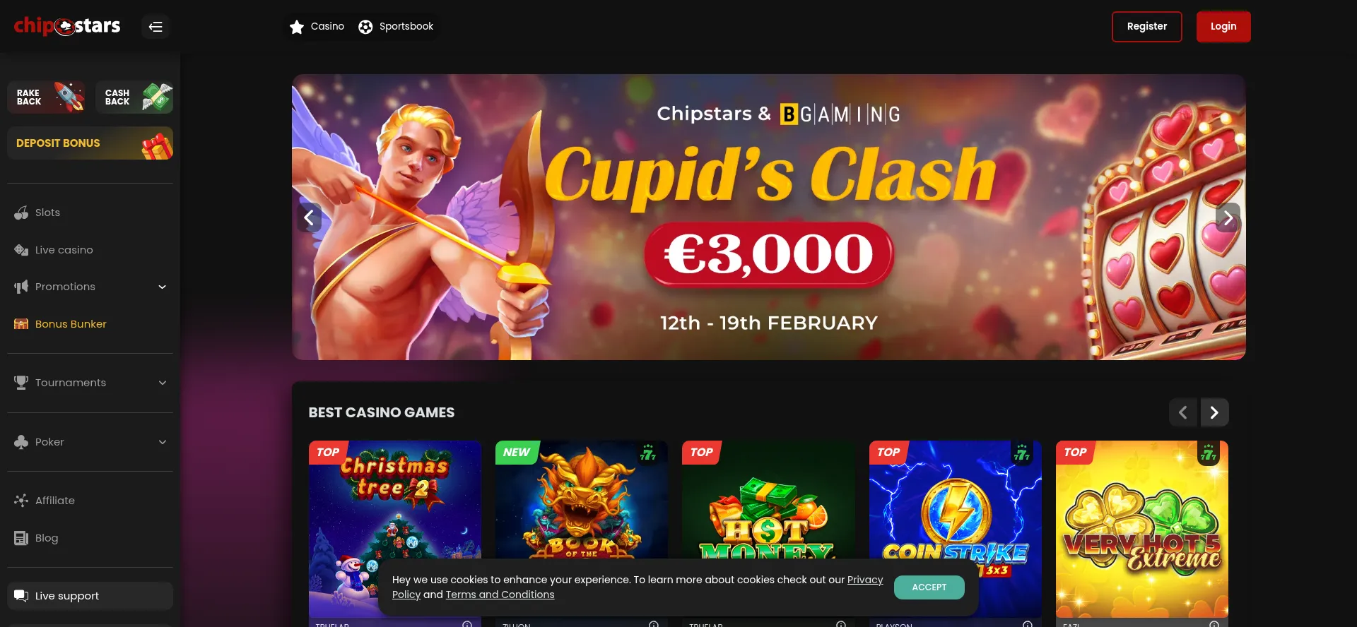 Website screenshot of Chipstars.bet