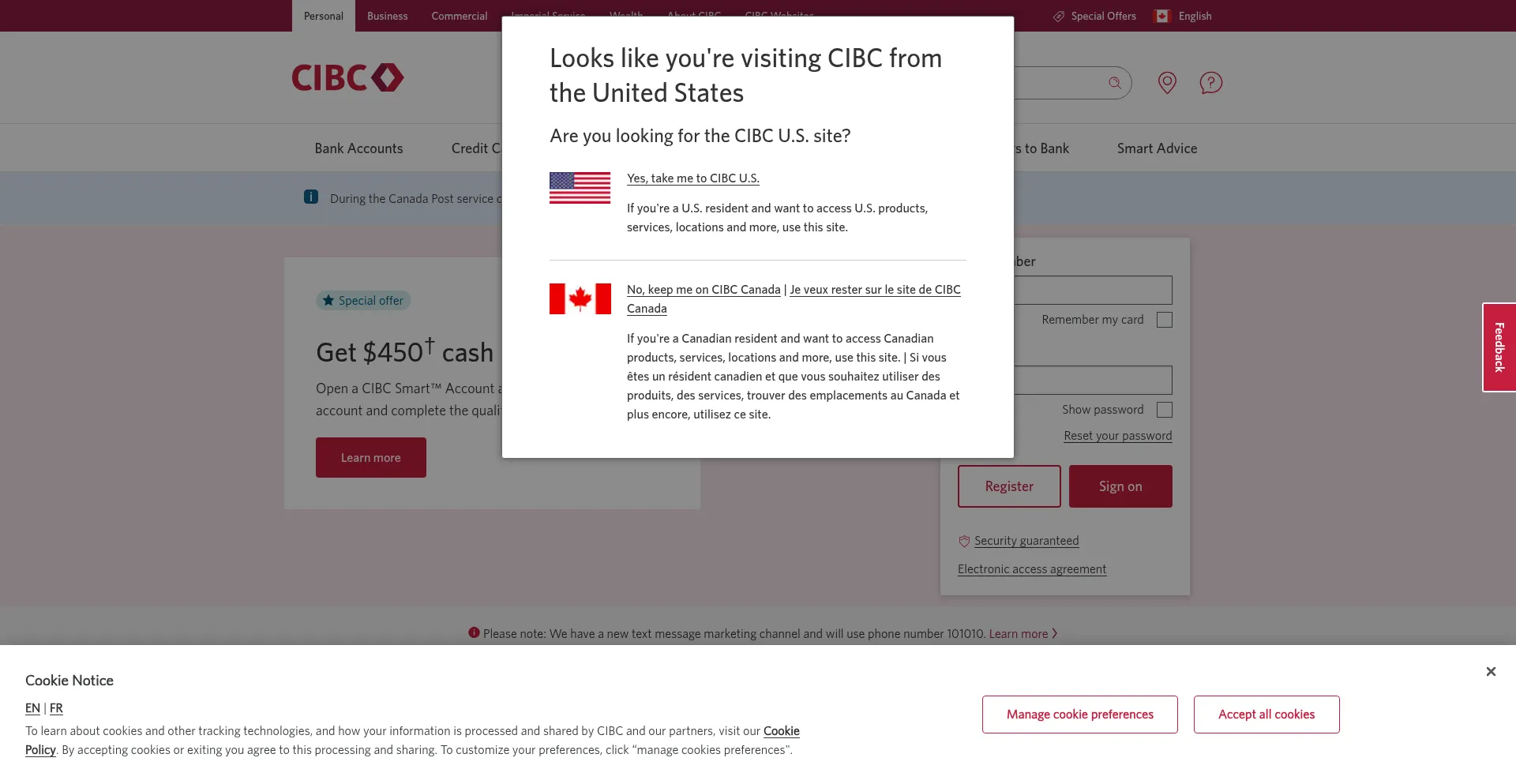 Website screenshot of Cibc.com